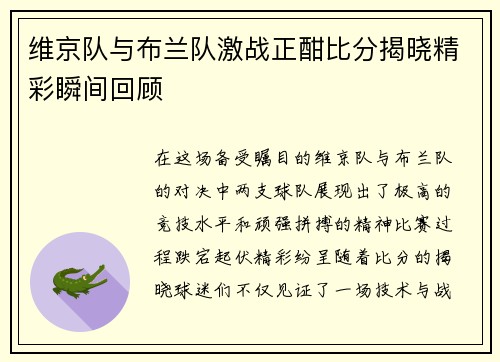 维京队与布兰队激战正酣比分揭晓精彩瞬间回顾